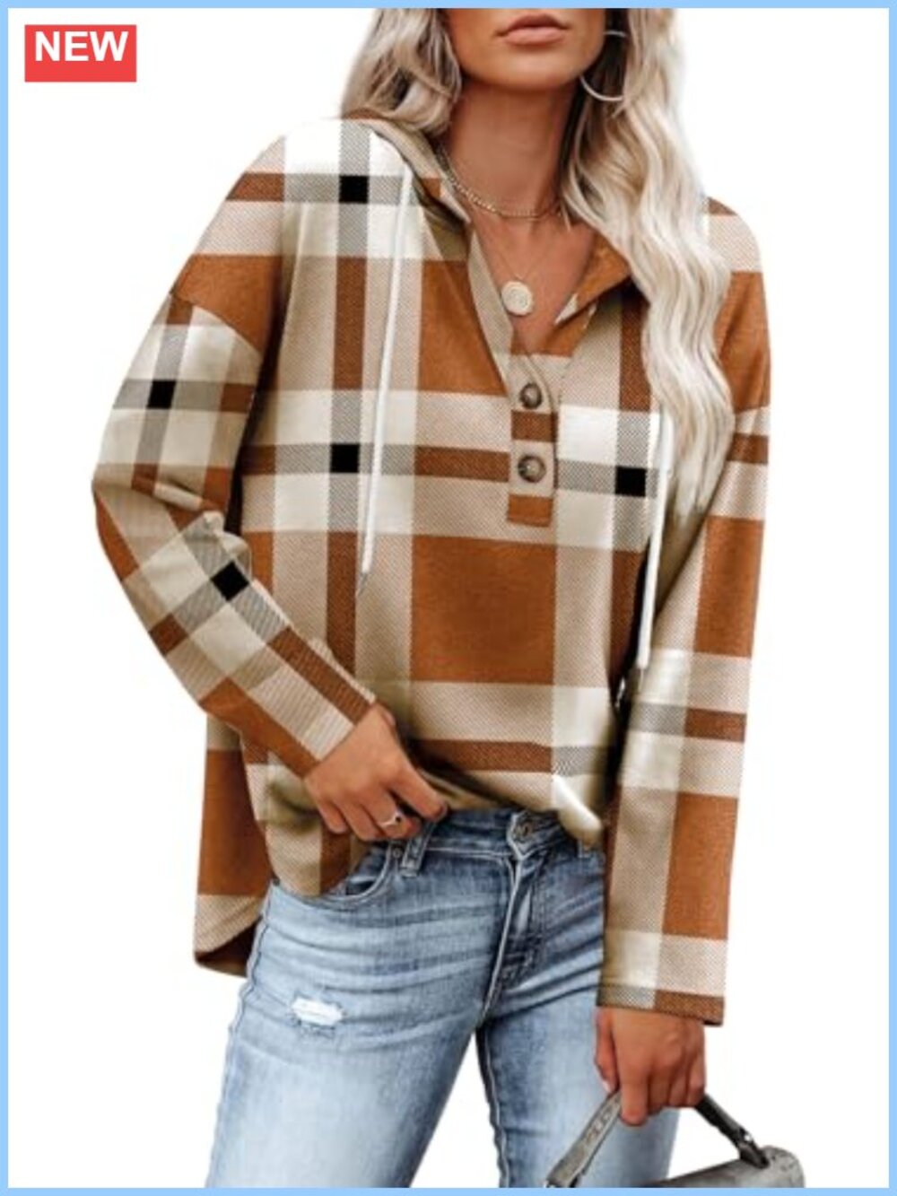 Women V-Neck Sweatshirt Plaid Print Loose Pullover Top Long Sleeve